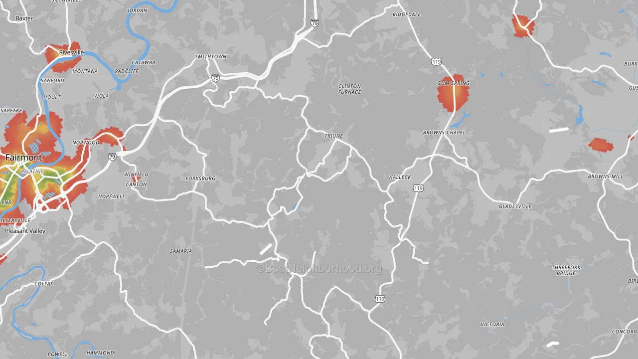 Walk Grade map of Hopewell, WV, walkable areas in green and car-dependent areas in red