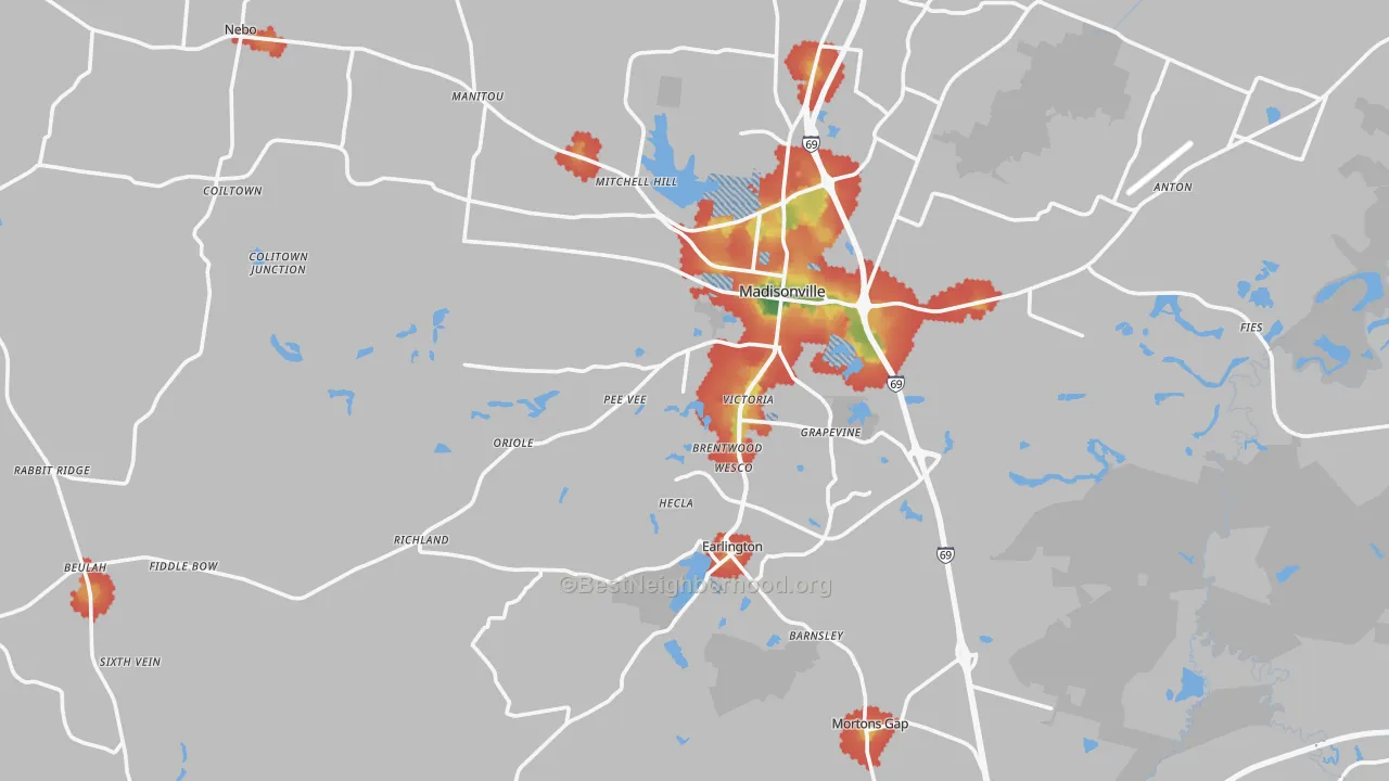 Walk Grade map of Hopkins County, KY, walkable areas in green and car-dependent areas in red