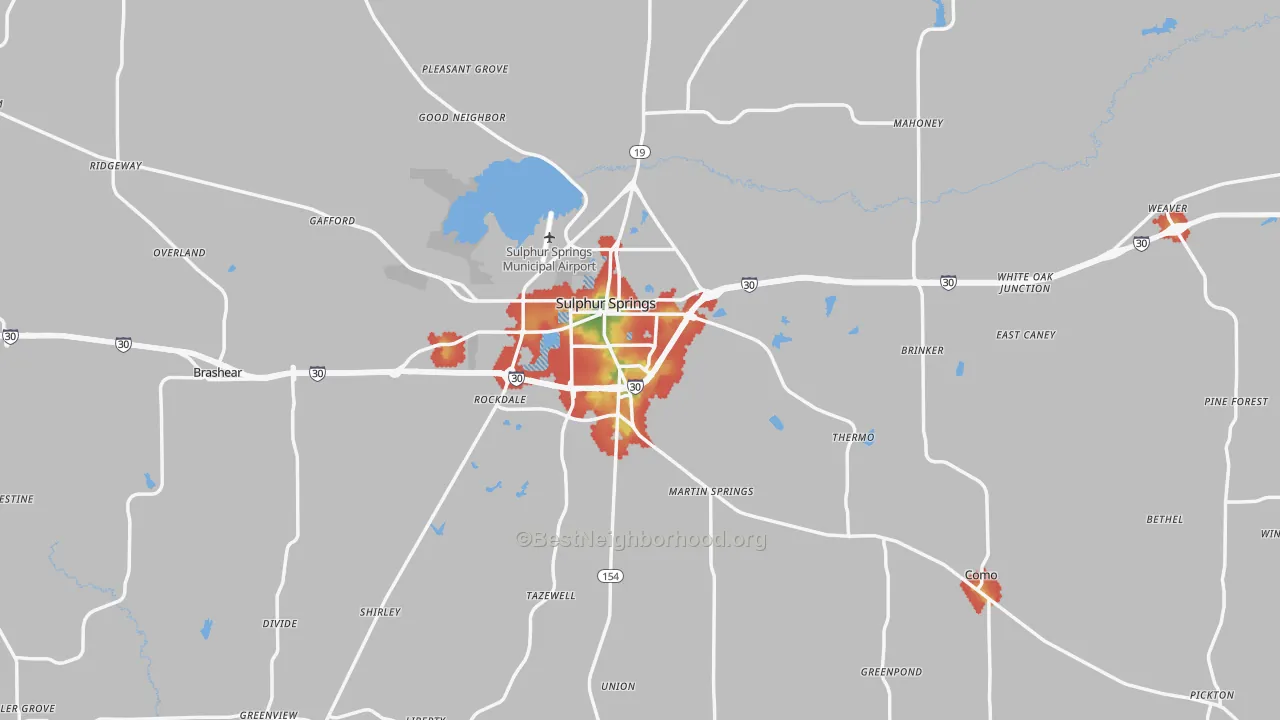 Walk Grade map of Hopkins County, TX, walkable areas in green and car-dependent areas in red