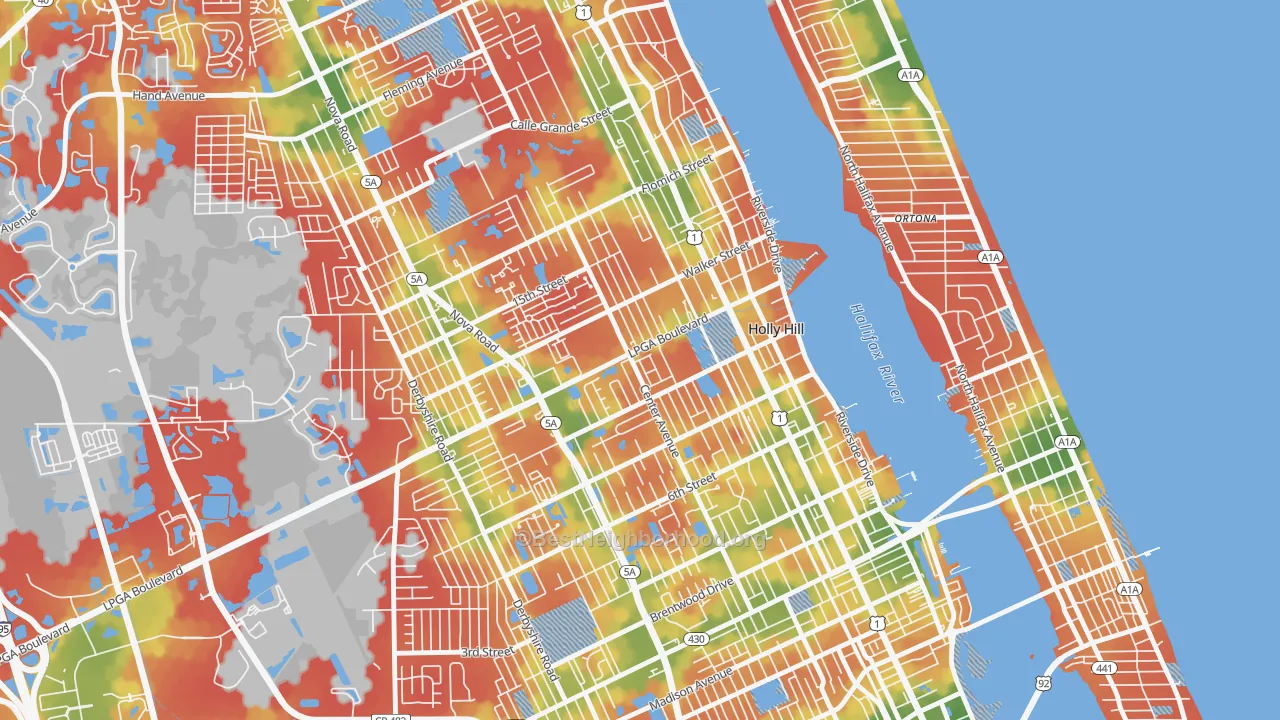 Walk Grade map of Hopkins Fitch Grant, Holly Hill, FL, walkable areas in green and car-dependent areas in red