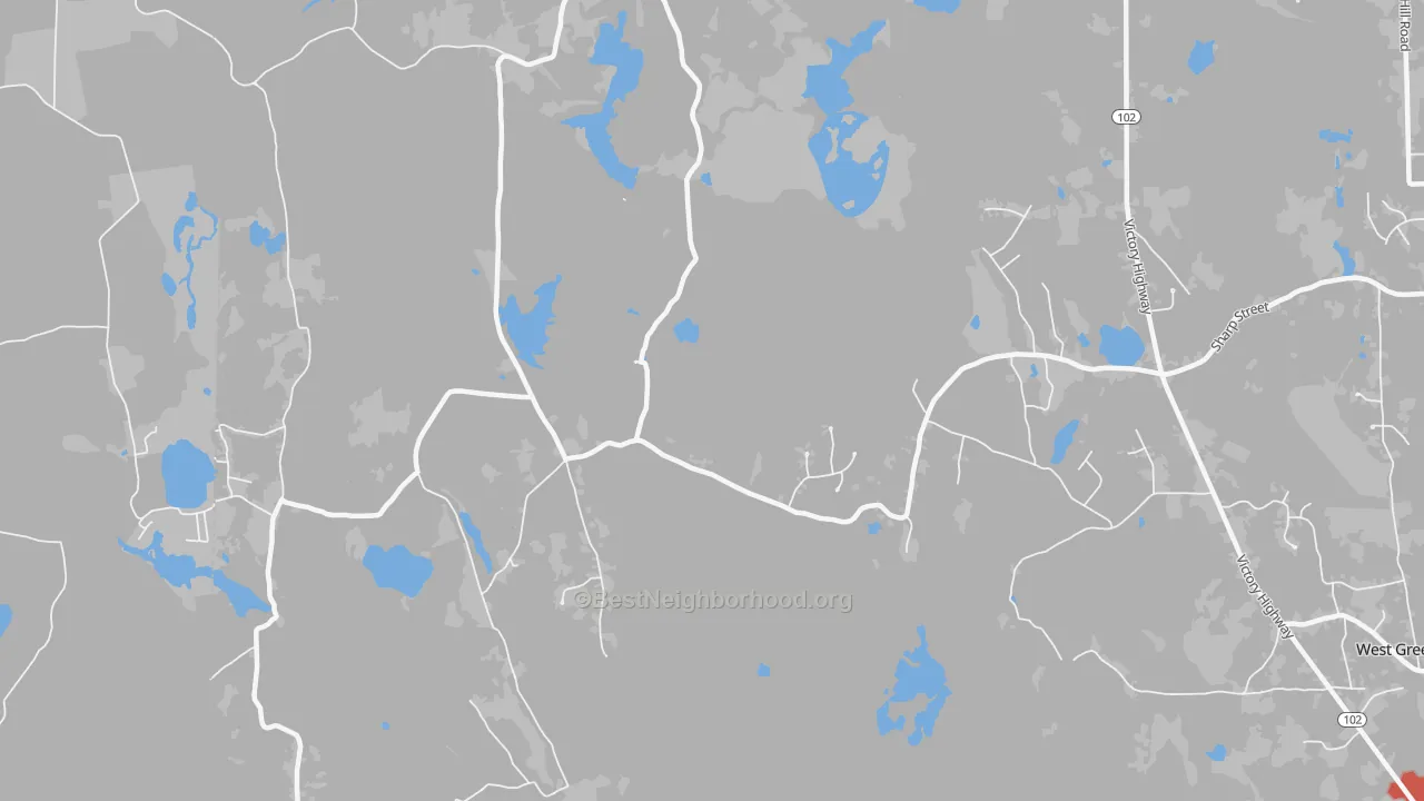 Walk Grade map of Hopkins Hollow, RI, walkable areas in green and car-dependent areas in red