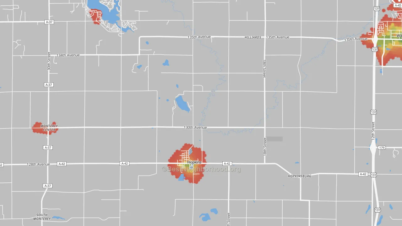 Walk Grade map of Hopkins, MI, walkable areas in green and car-dependent areas in red