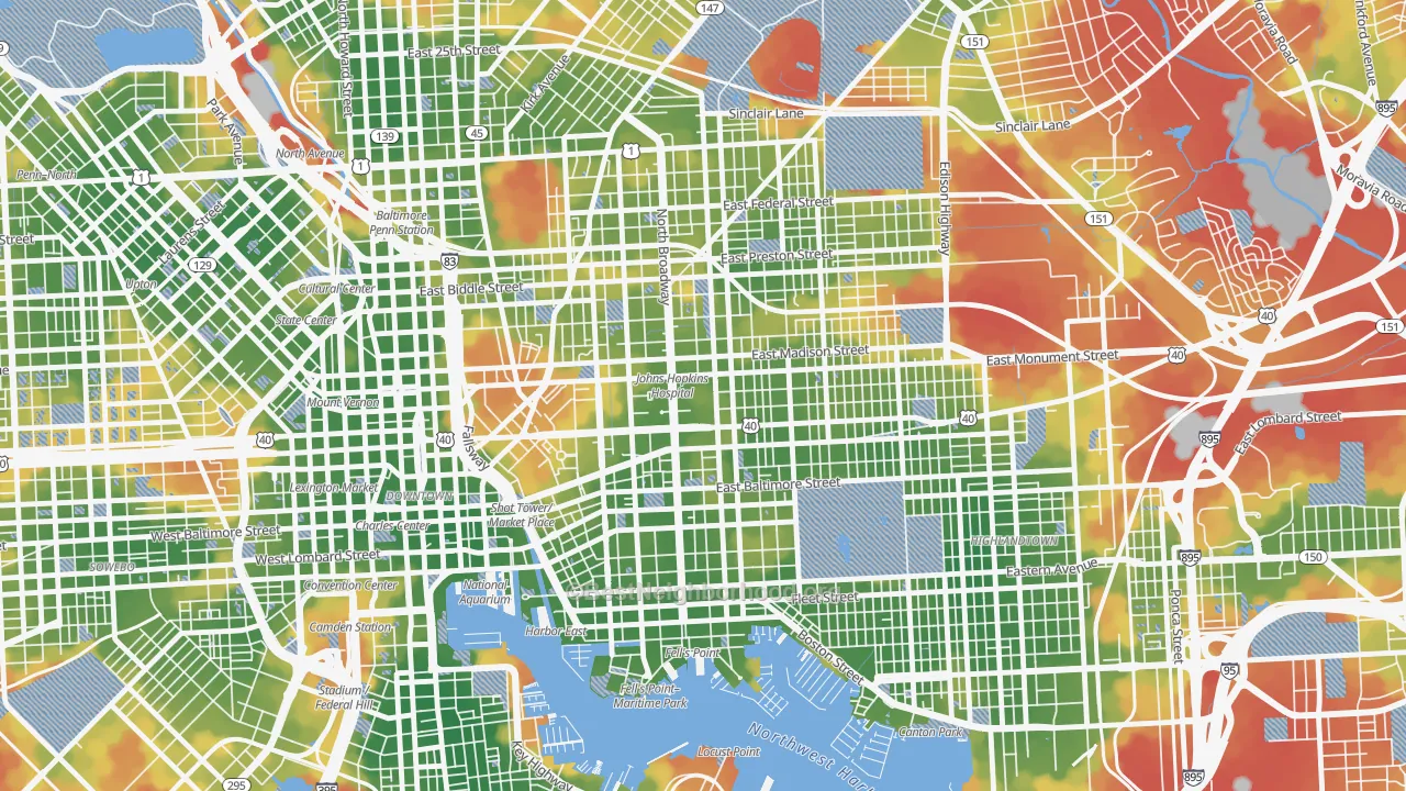 Walk Grade map of Hopkins-Middle East, Baltimore, MD, walkable areas in green and car-dependent areas in red