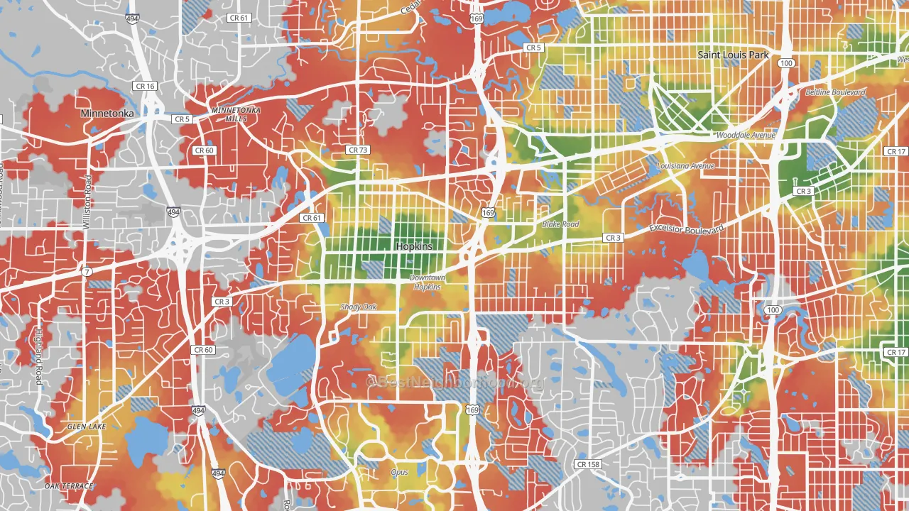 Walk Grade map of Hopkins, MN, walkable areas in green and car-dependent areas in red