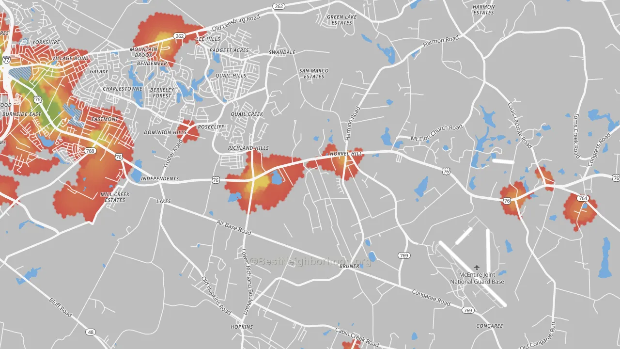 Walk Grade map of Hopkins, SC, walkable areas in green and car-dependent areas in red