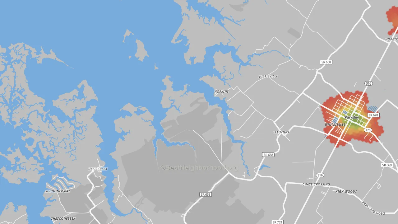 Walk Grade map of Hopkins, VA, walkable areas in green and car-dependent areas in red