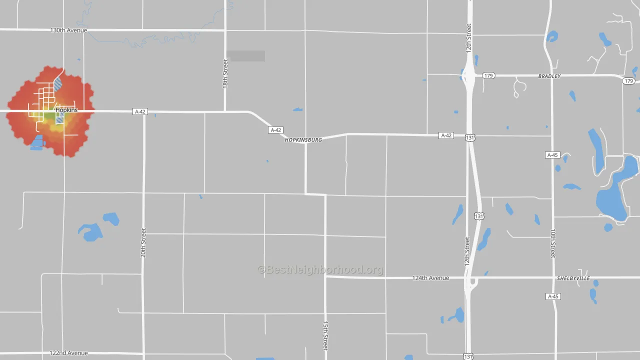 Walk Grade map of Hopkinsburg, MI, walkable areas in green and car-dependent areas in red