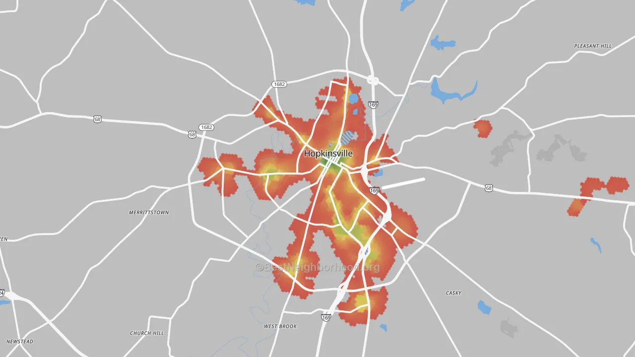 Walk Grade map of Hopkinsville, KY, walkable areas in green and car-dependent areas in red
