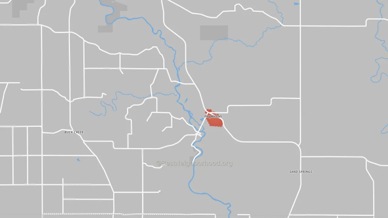 Walk Grade map of Hopkinton, IA, walkable areas in green and car-dependent areas in red