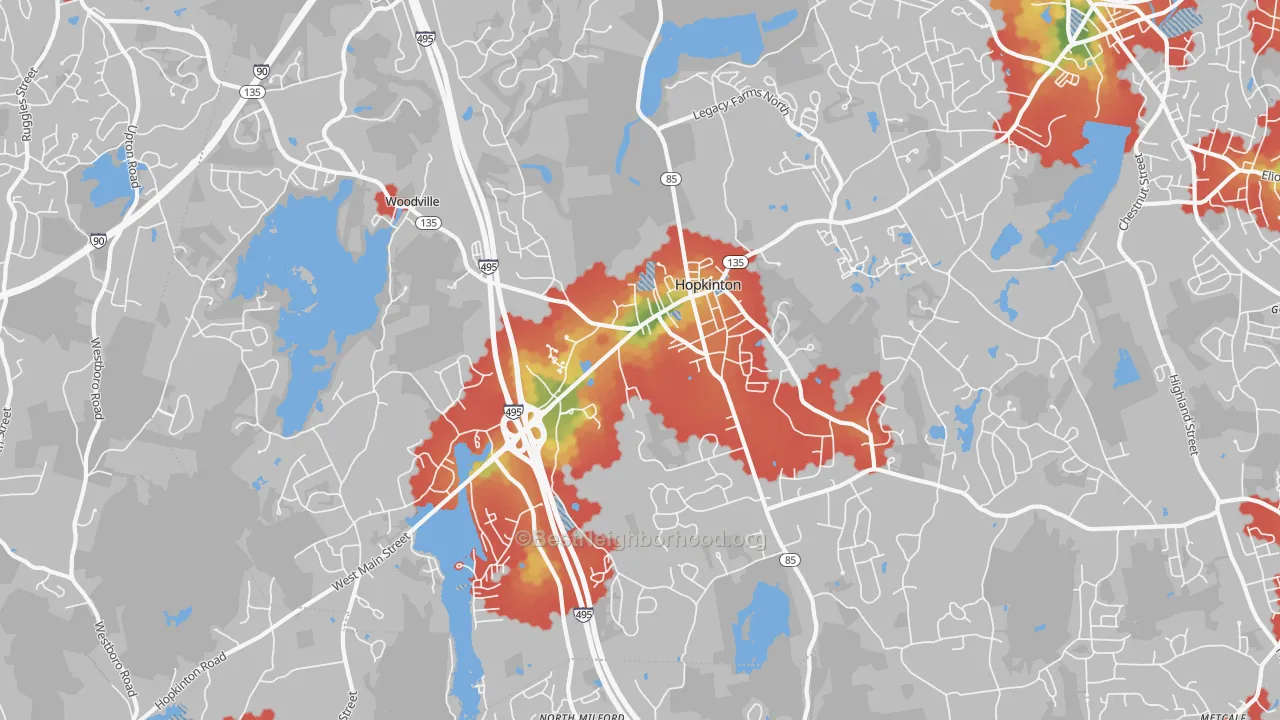 Walk Grade map of Hopkinton, MA, walkable areas in green and car-dependent areas in red
