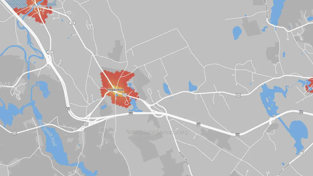 Walk Grade map of Hopkinton, NH, walkable areas in green and car-dependent areas in red