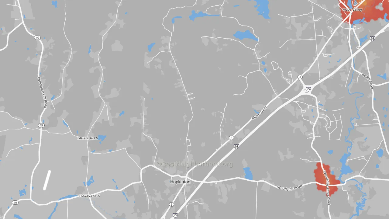 Walk Grade map of Hopkinton, RI, walkable areas in green and car-dependent areas in red