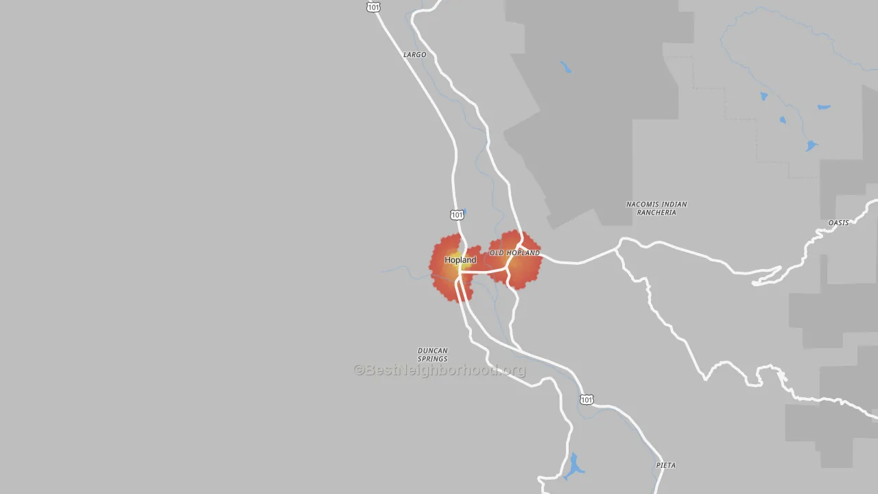 Walk Grade map of Hopland, CA, walkable areas in green and car-dependent areas in red