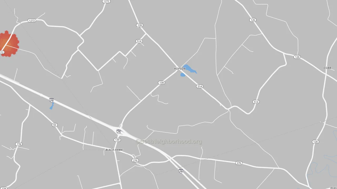 Walk Grade map of Hopson, KY, walkable areas in green and car-dependent areas in red