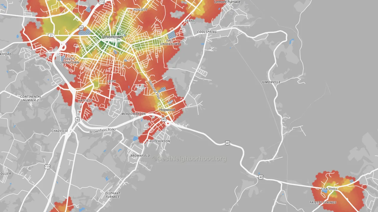 Walk Grade map of Hopwood, PA, walkable areas in green and car-dependent areas in red