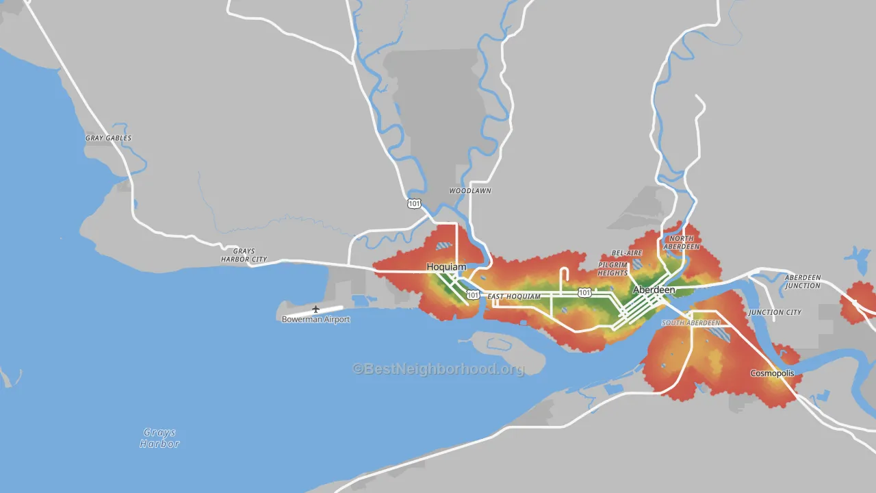 Walk Grade map of Hoquiam, WA, walkable areas in green and car-dependent areas in red