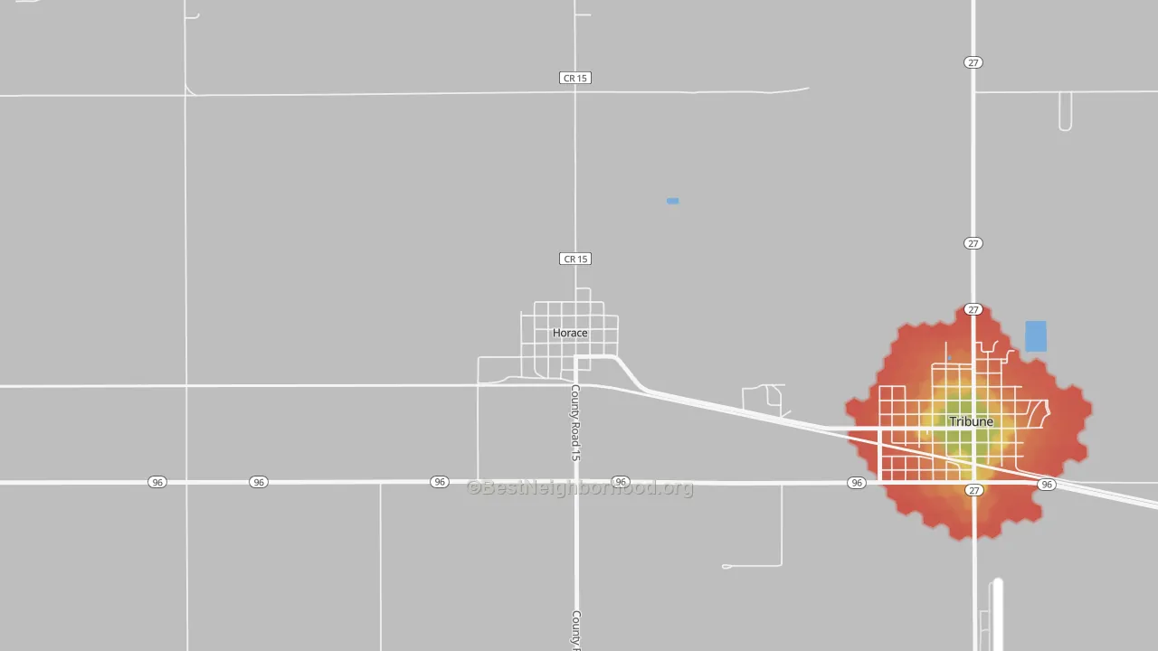 Walk Grade map of Horace, KS, walkable areas in green and car-dependent areas in red
