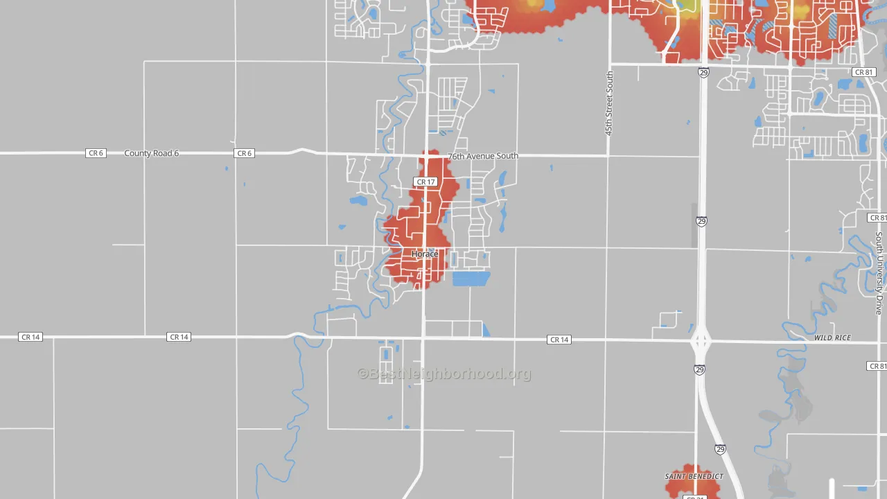 Walk Grade map of Horace, ND, walkable areas in green and car-dependent areas in red