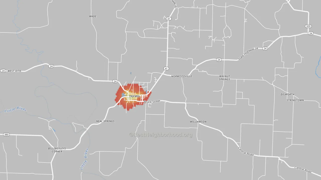 Walk Grade map of Horatio, AR, walkable areas in green and car-dependent areas in red
