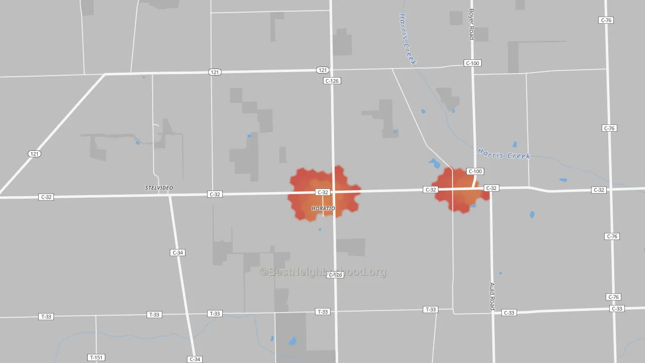 Walk Grade map of Horatio, OH, walkable areas in green and car-dependent areas in red