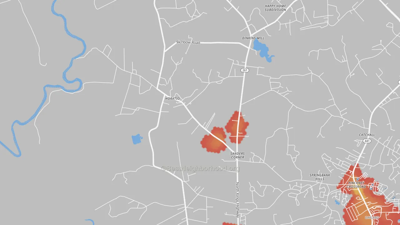 Walk Grade map of Horatio, SC, walkable areas in green and car-dependent areas in red