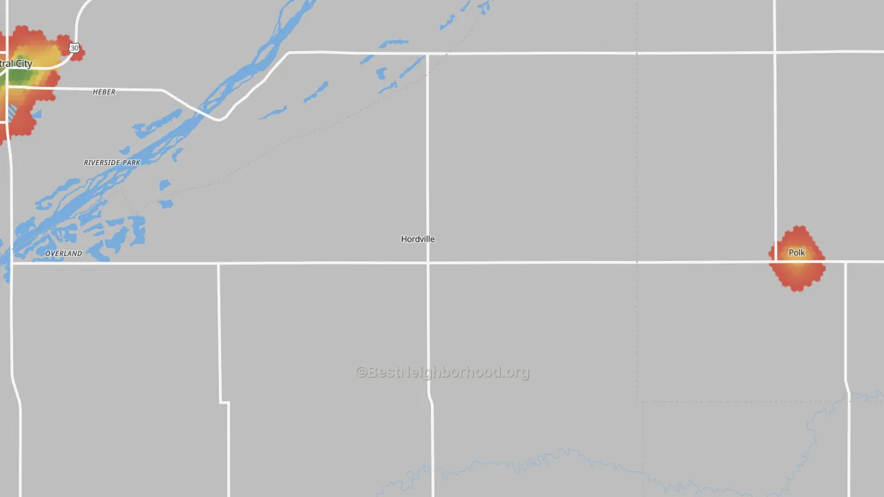 Walk Grade map of Hordville, NE, walkable areas in green and car-dependent areas in red