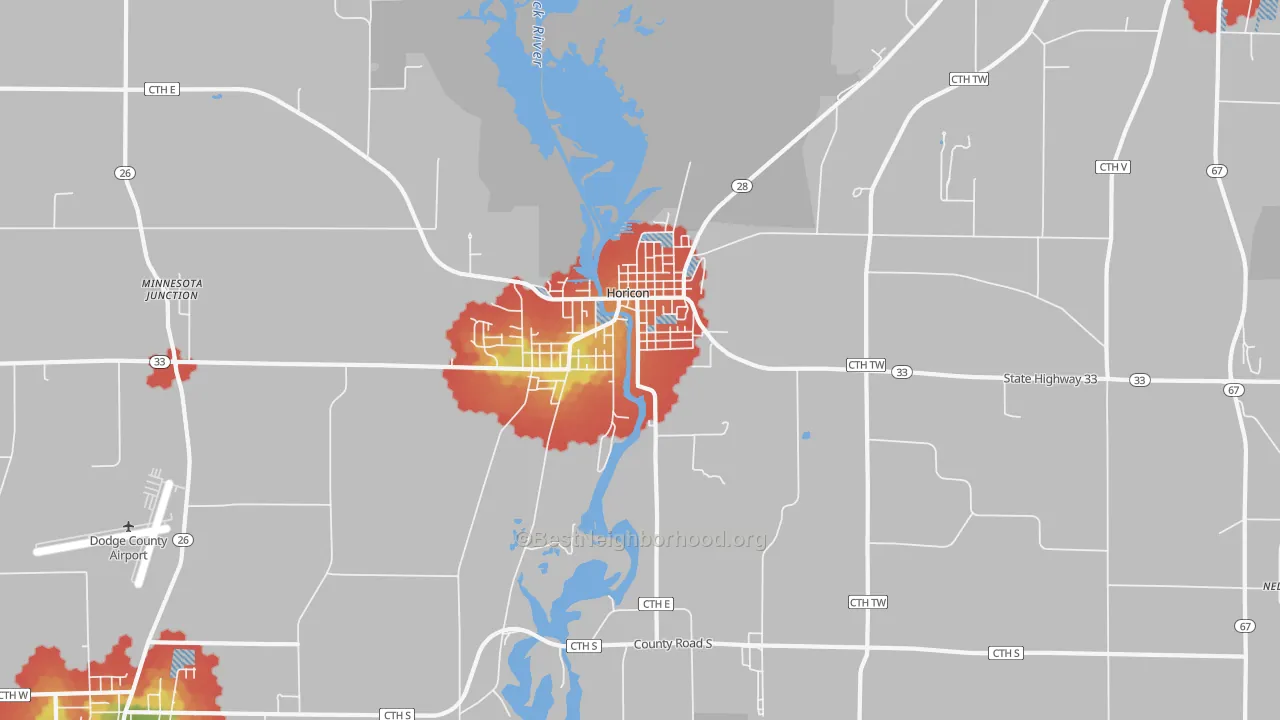 Walk Grade map of Horicon, WI, walkable areas in green and car-dependent areas in red