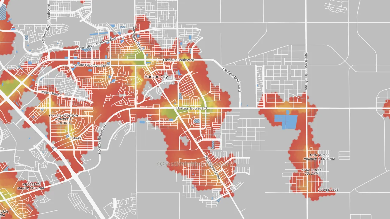 Walk Grade map of Horizon City, TX, walkable areas in green and car-dependent areas in red