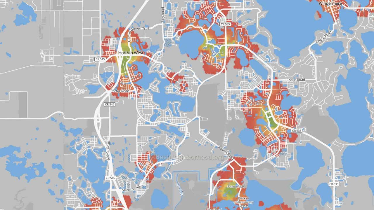 Walk Grade map of Horizon West, FL, walkable areas in green and car-dependent areas in red