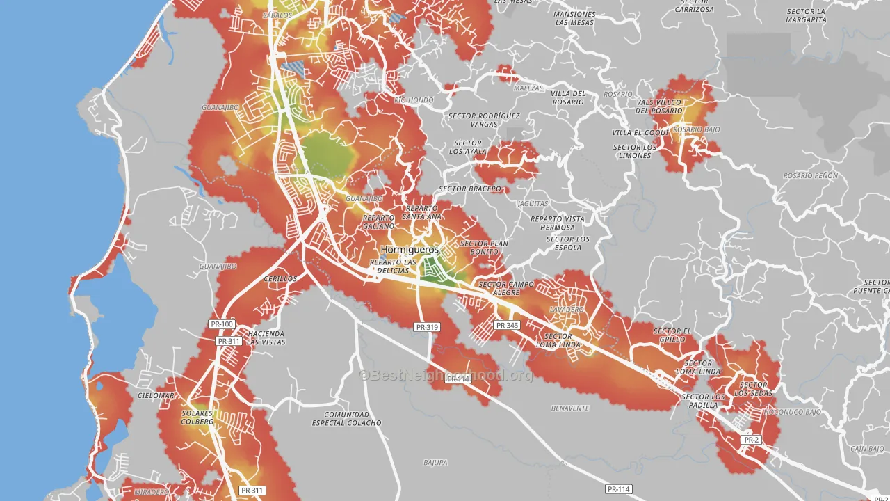Walk Grade map of Hormigueros Municipio, PR, walkable areas in green and car-dependent areas in red