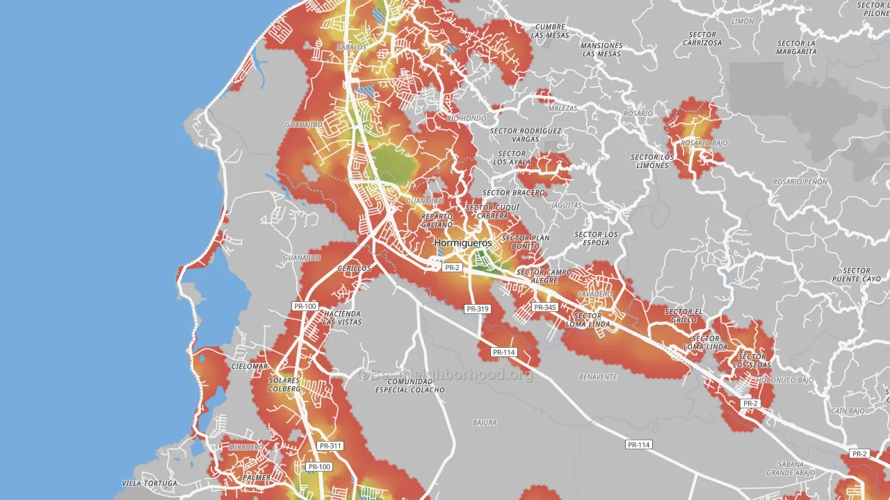 Walk Grade map of Hormigueros, PR, walkable areas in green and car-dependent areas in red