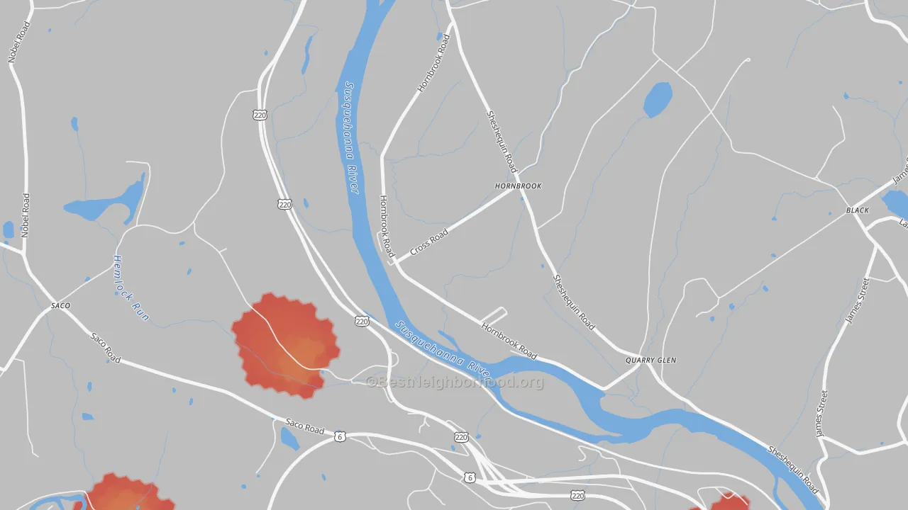 Walk Grade map of Horn Brook, PA, walkable areas in green and car-dependent areas in red