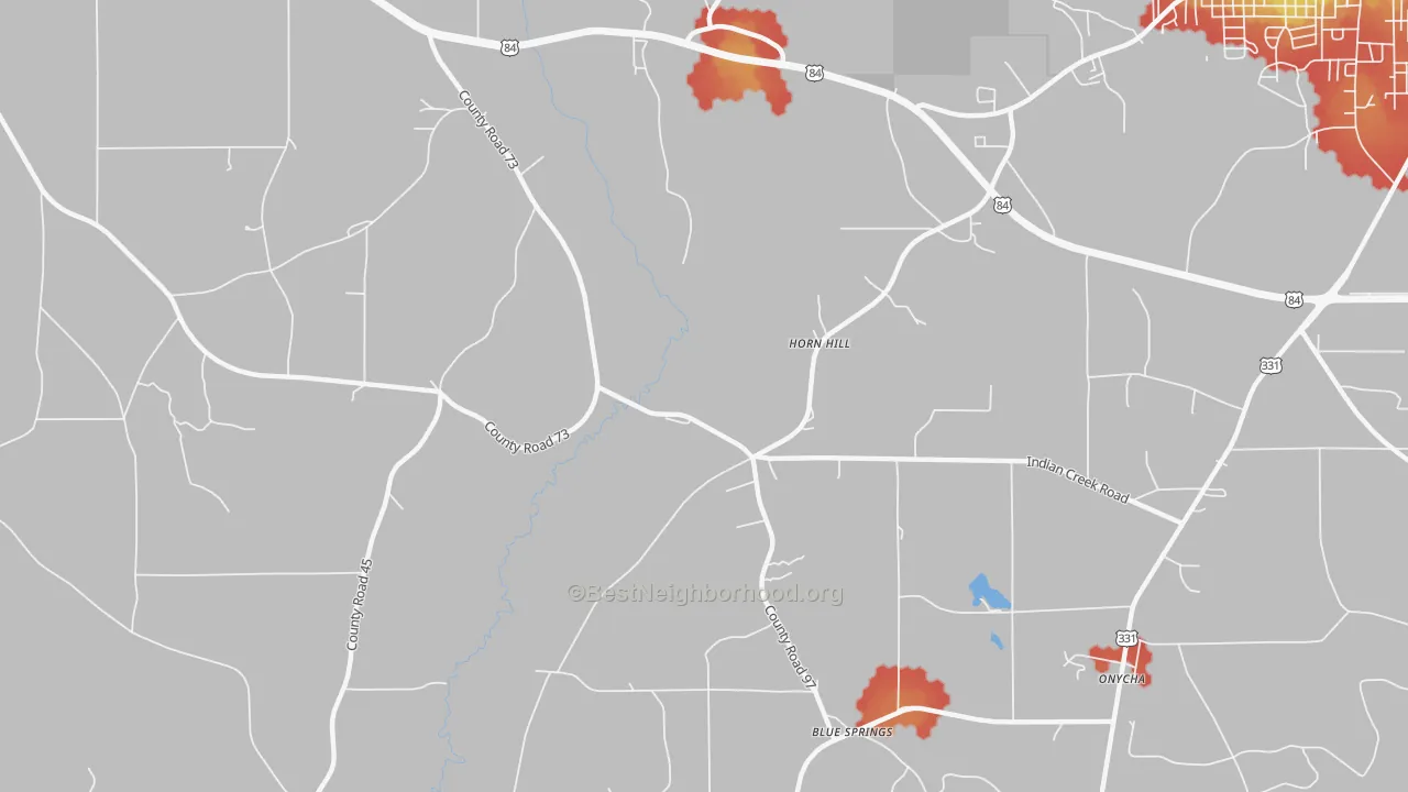 Walk Grade map of Horn Hill, AL, walkable areas in green and car-dependent areas in red