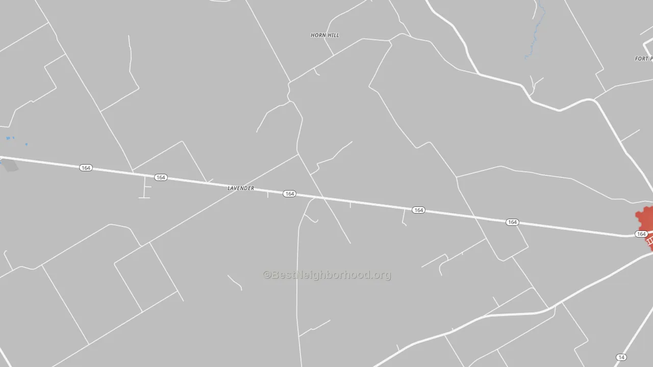 Walk Grade map of Horn Hill, TX, walkable areas in green and car-dependent areas in red