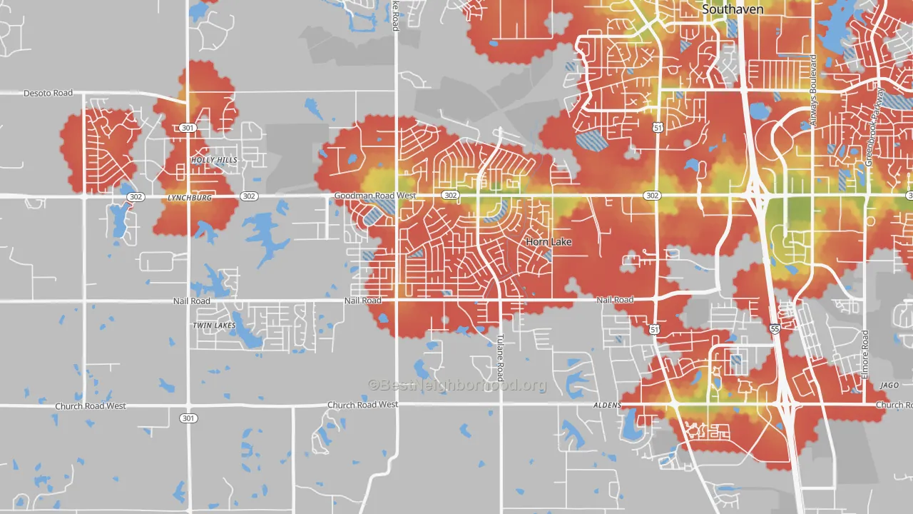 Walk Grade map of Horn Lake, MS, walkable areas in green and car-dependent areas in red