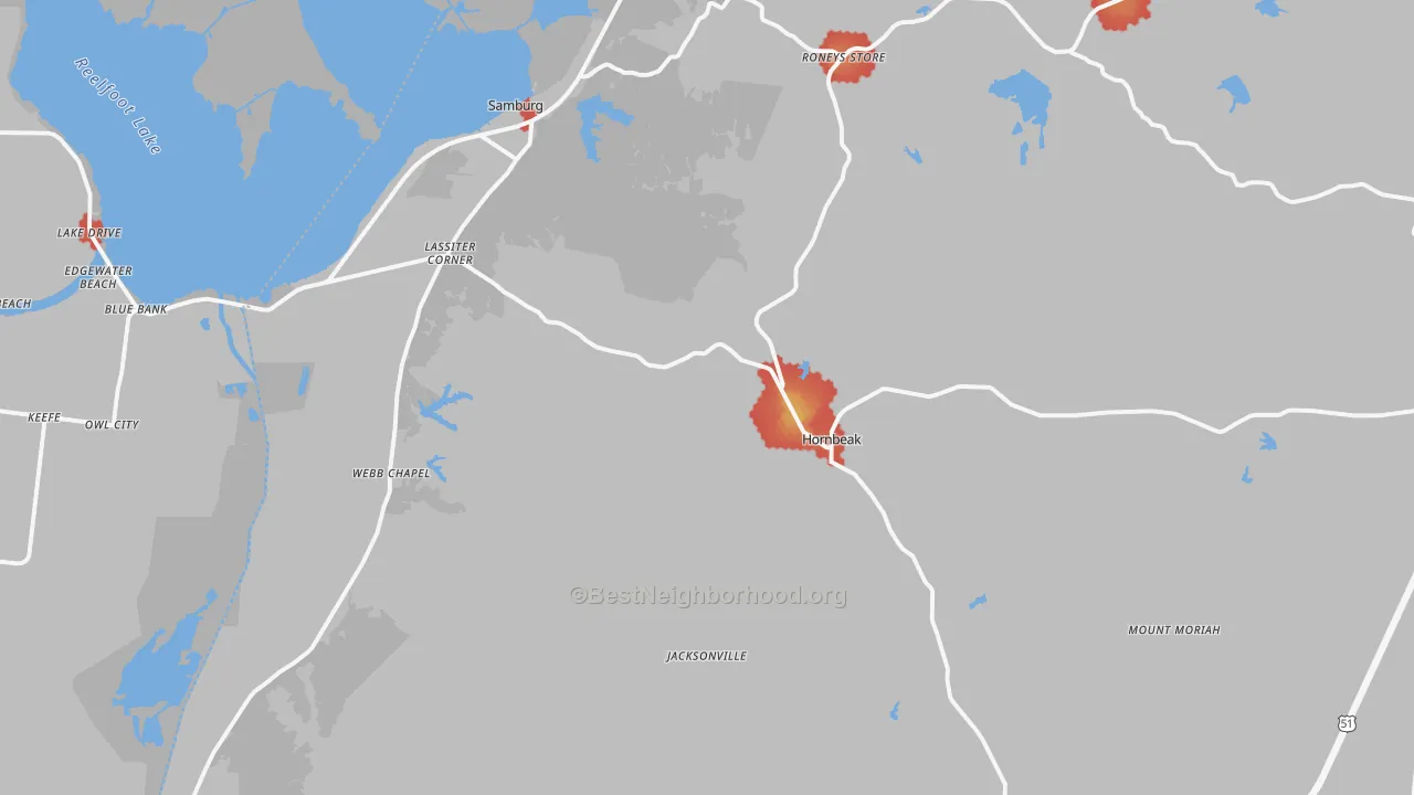 Walk Grade map of Hornbeak, TN, walkable areas in green and car-dependent areas in red
