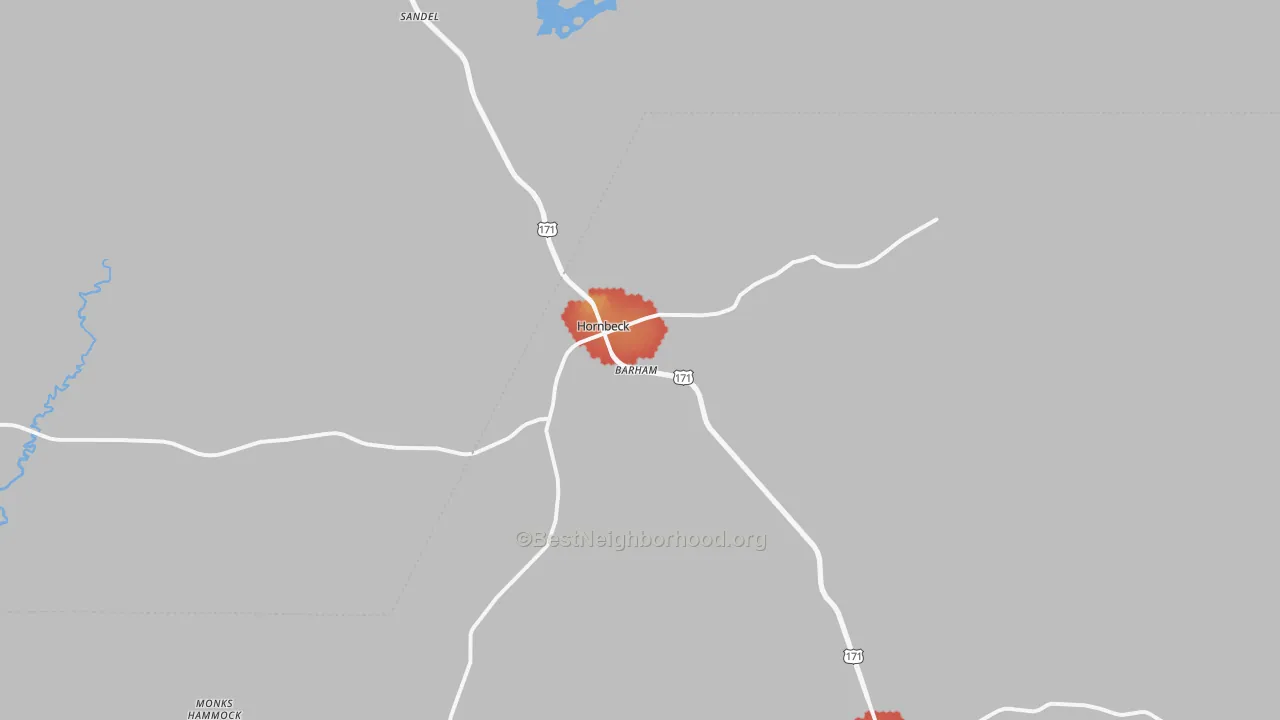 Walk Grade map of Hornbeck, LA, walkable areas in green and car-dependent areas in red