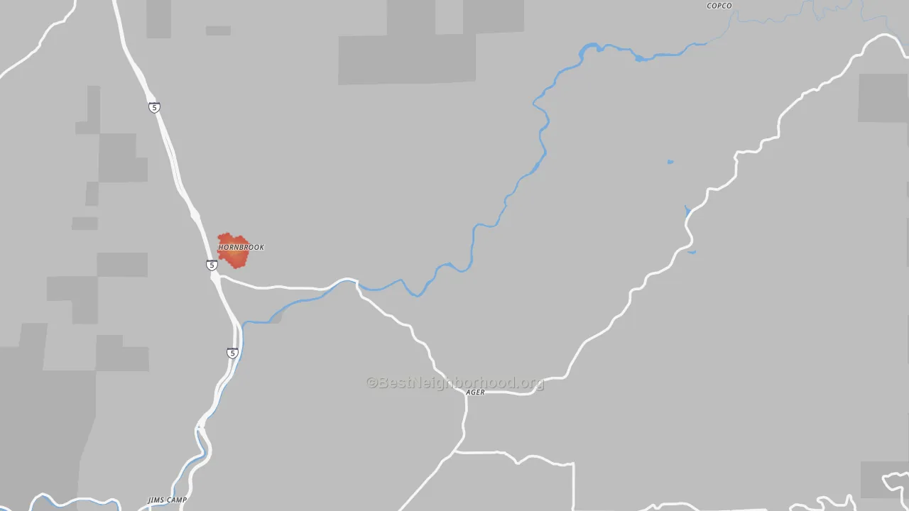 Walk Grade map of Hornbrook, CA, walkable areas in green and car-dependent areas in red