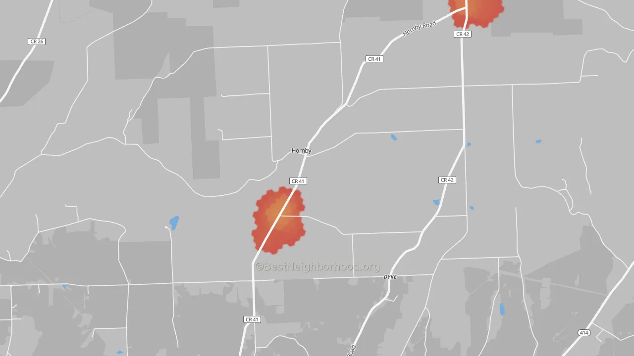 Walk Grade map of Hornby, NY, walkable areas in green and car-dependent areas in red