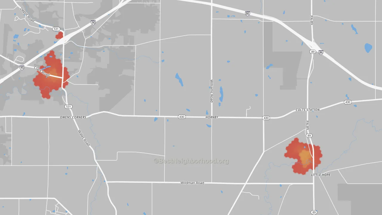 Walk Grade map of Hornby, PA, walkable areas in green and car-dependent areas in red