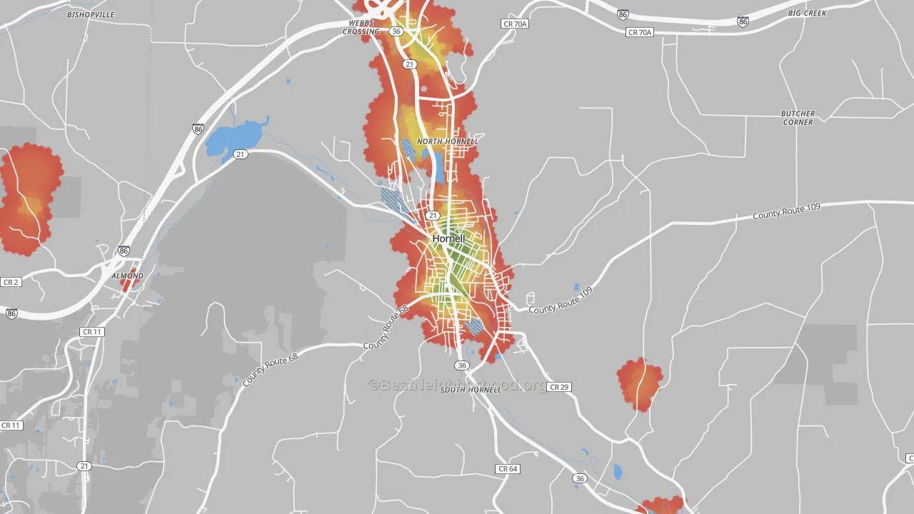 Walk Grade map of Hornell, NY, walkable areas in green and car-dependent areas in red