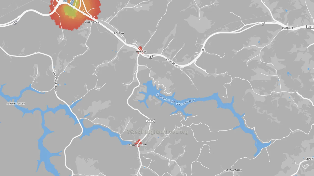 Walk Grade map of Horner, WV, walkable areas in green and car-dependent areas in red