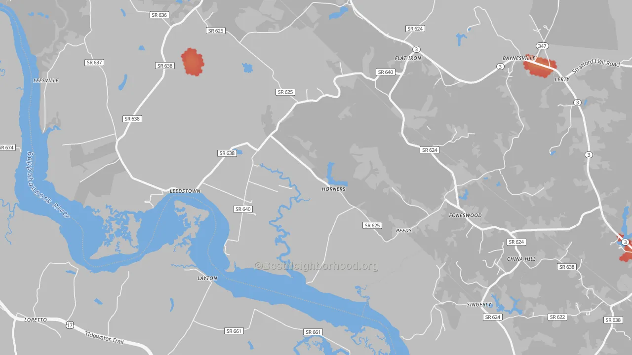 Walk Grade map of Horners, VA, walkable areas in green and car-dependent areas in red