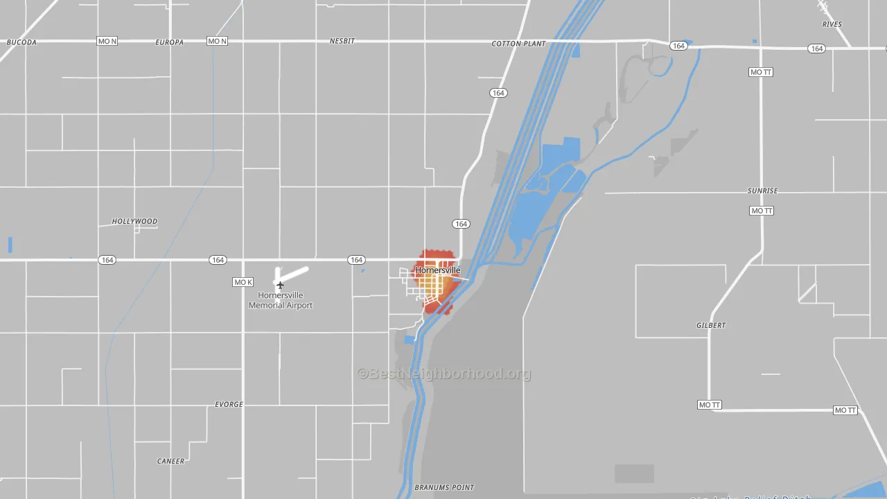 Walk Grade map of Hornersville, MO, walkable areas in green and car-dependent areas in red