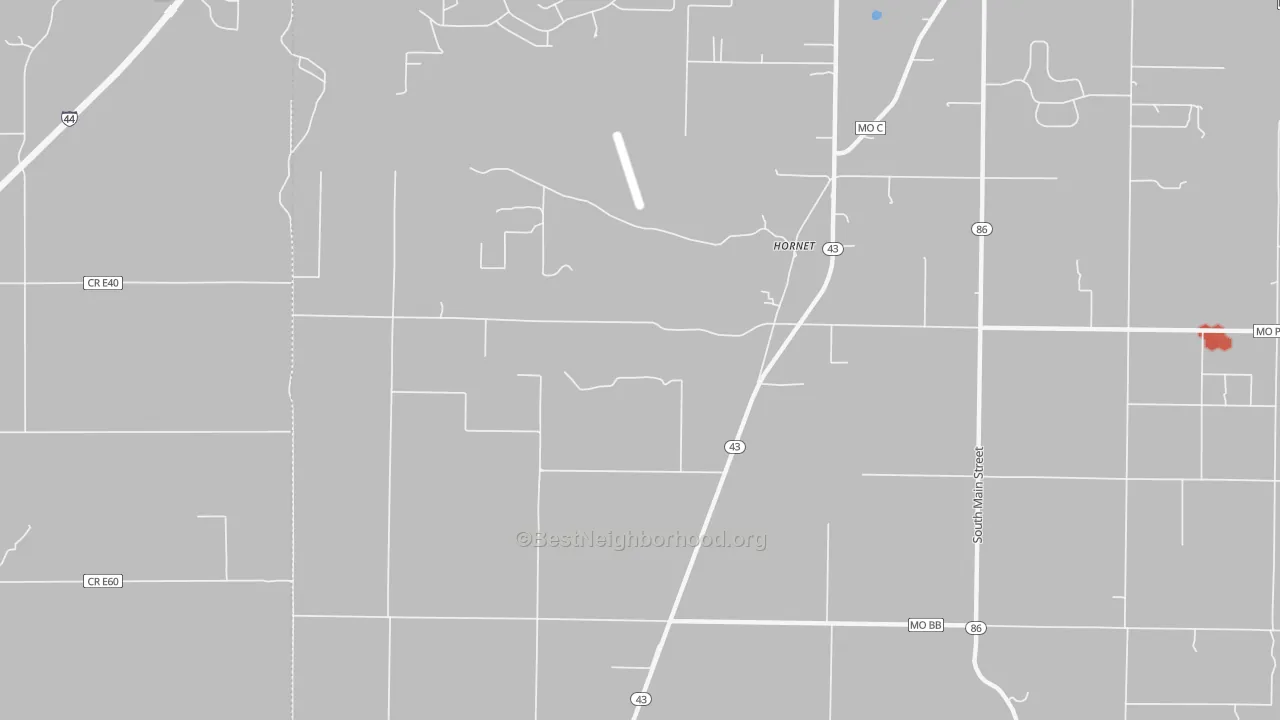 Walk Grade map of Hornet, MO, walkable areas in green and car-dependent areas in red