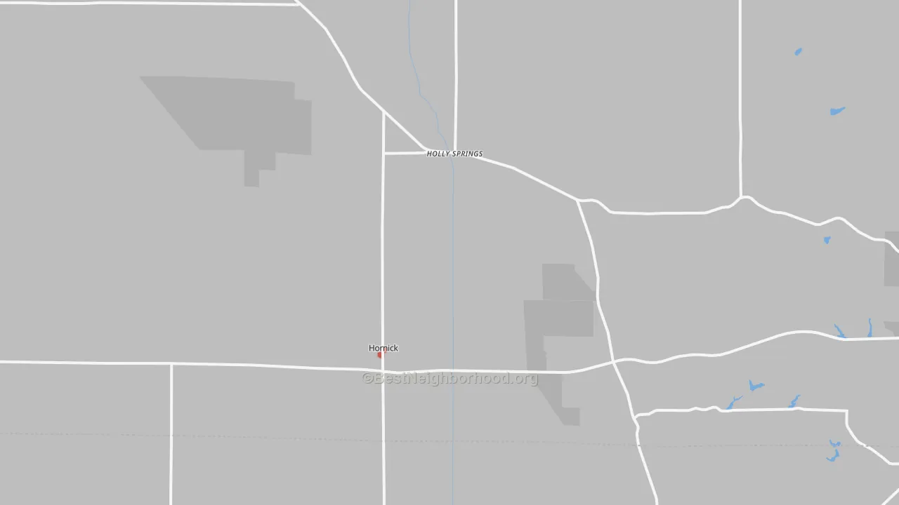 Walk Grade map of Hornick, IA, walkable areas in green and car-dependent areas in red