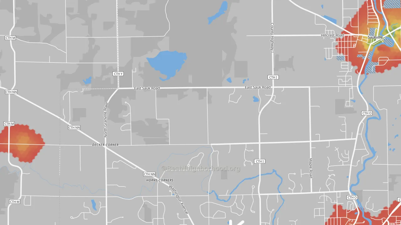 Walk Grade map of Horns Corners, WI, walkable areas in green and car-dependent areas in red