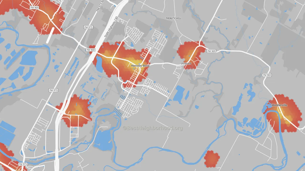 Walk Grade map of Hornsby Bend, TX, walkable areas in green and car-dependent areas in red