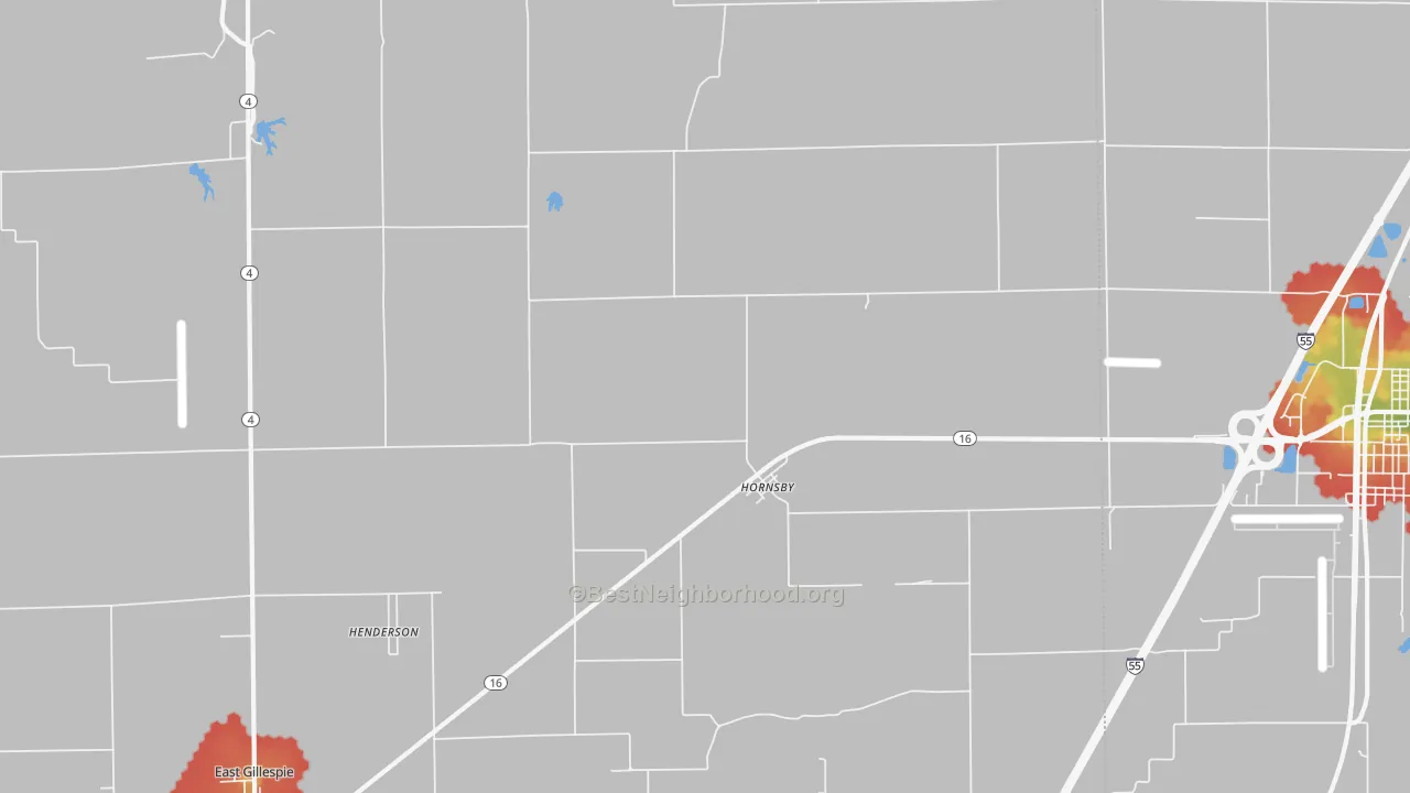 Walk Grade map of Hornsby, IL, walkable areas in green and car-dependent areas in red
