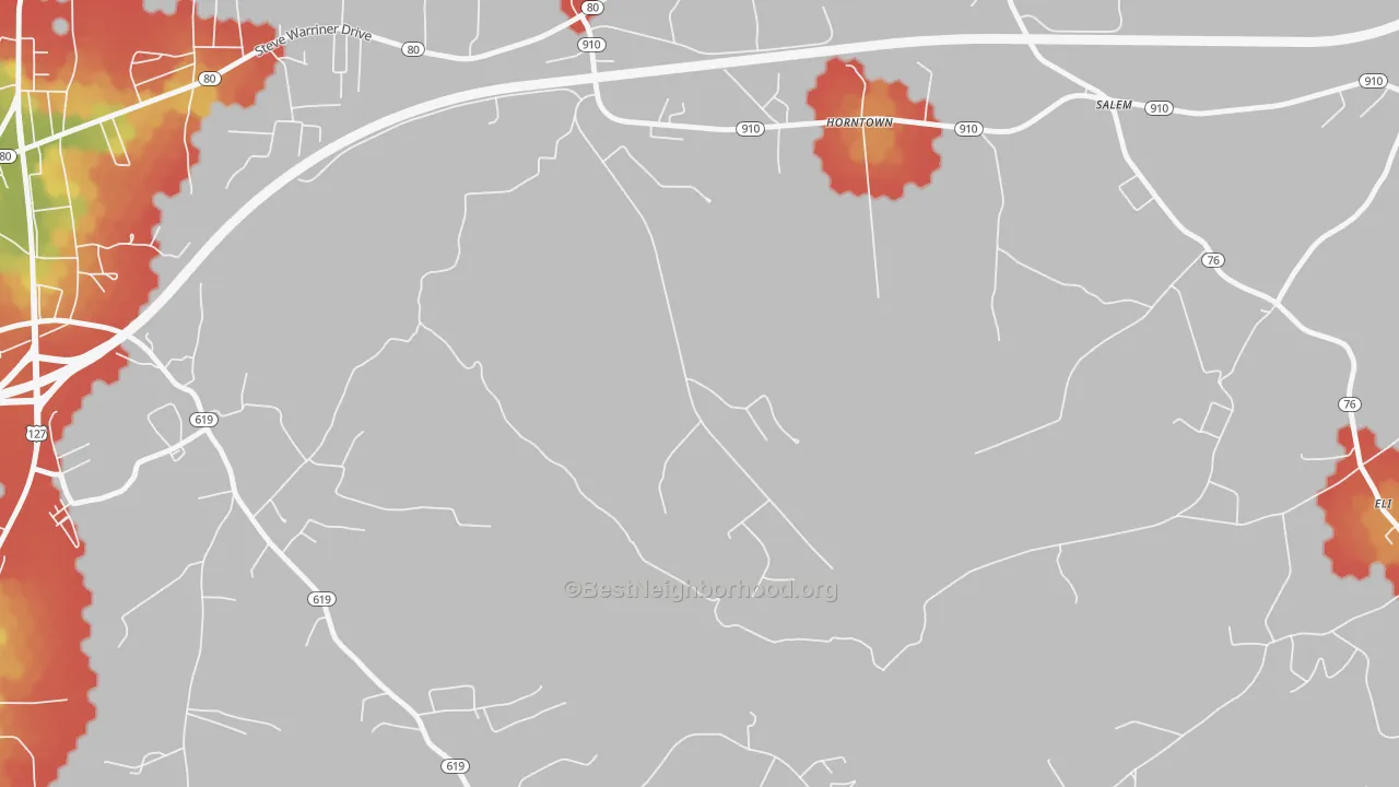 Walk Grade map of Horntown, KY, walkable areas in green and car-dependent areas in red